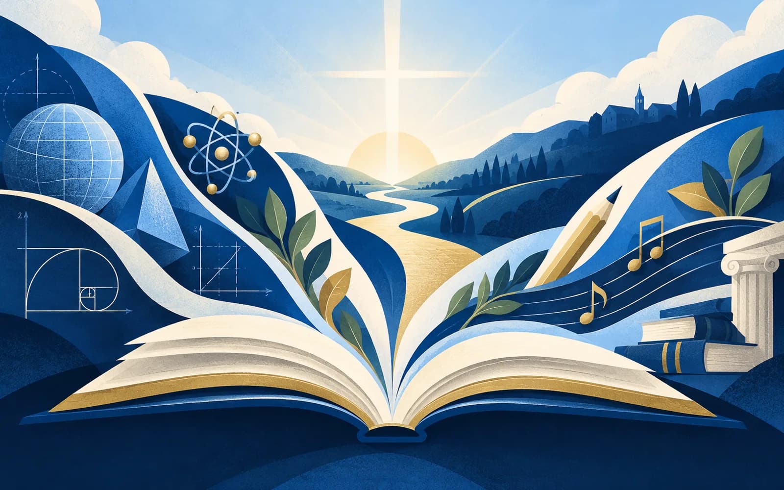 Editorial illustration of an open book unfolding into paths of science, mathematics, music and discovery
