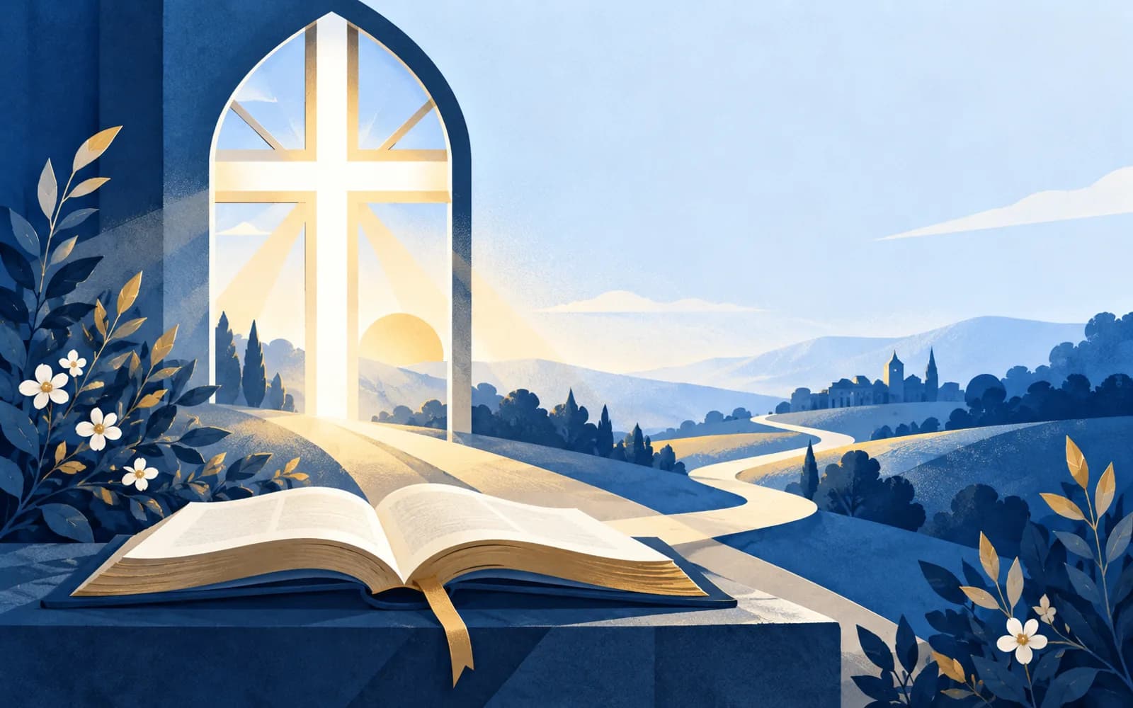Editorial illustration of an open Bible, a cross-shaped window and a path toward the horizon