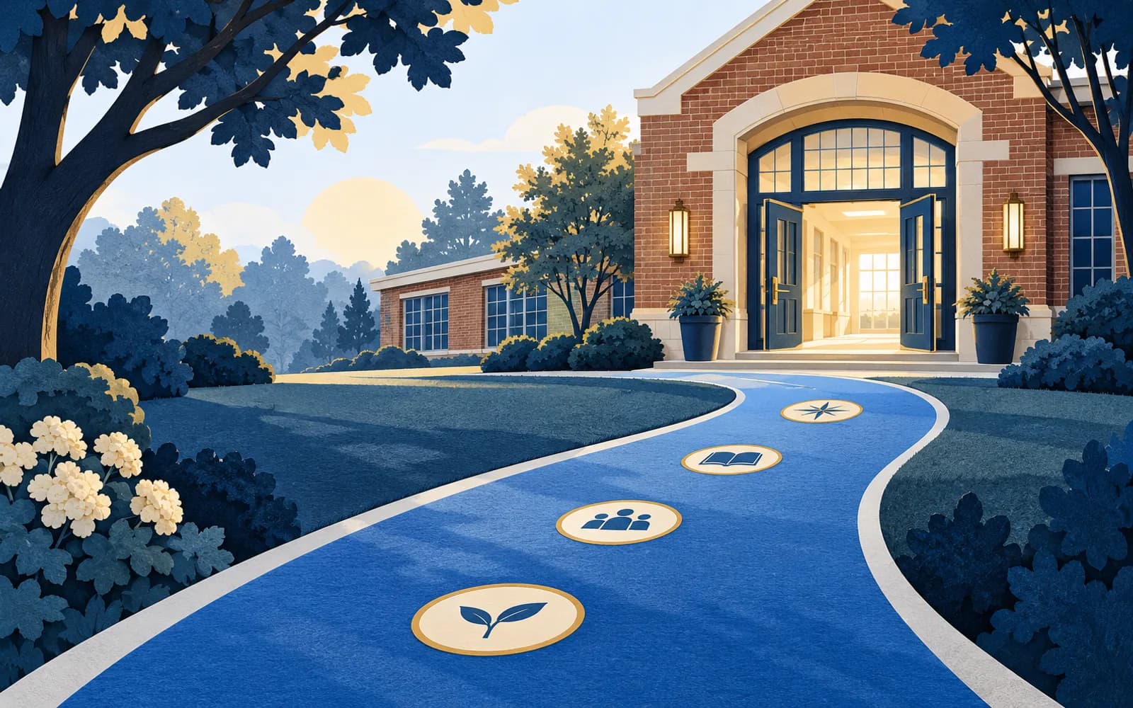 Editorial illustration of a welcoming school entrance and open doors